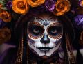mexican woman looking at the camera in a close-up showing her makeup and hat of her Catrina costume for the day of the dead in Mexico